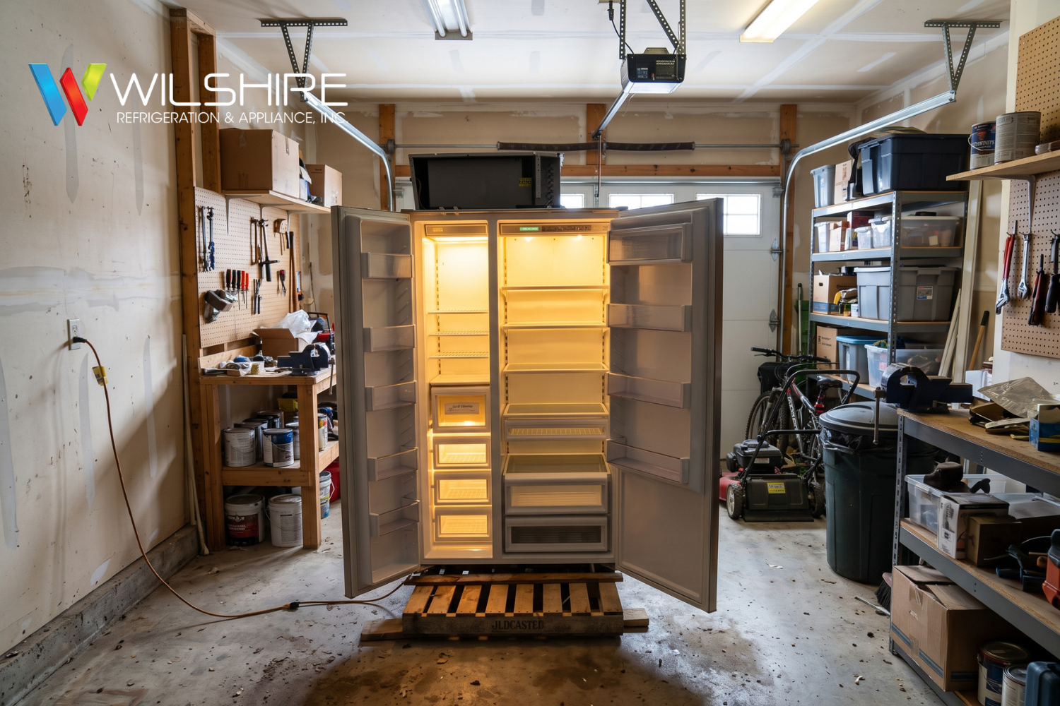Empty refrigerator on pallet in garage