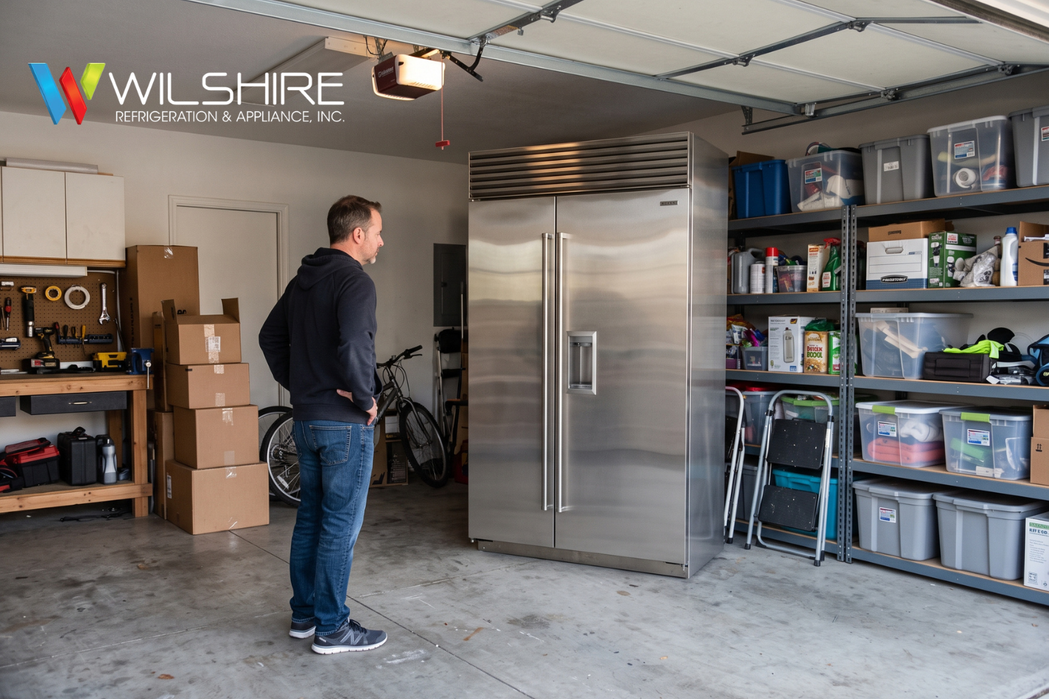 Person inspecting stainless steel refrigerator in garage