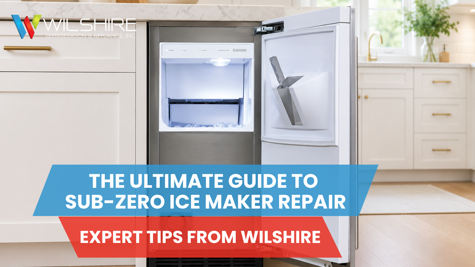 Open undercounter Sub-Zero ice maker installed beneath a counter in a bright modern kitchen with the ice bin and interior compartment visible.