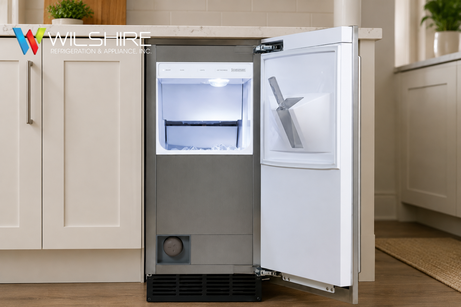 Open undercounter ice maker installed beneath a kitchen counter with the ice bin and interior compartment visible.