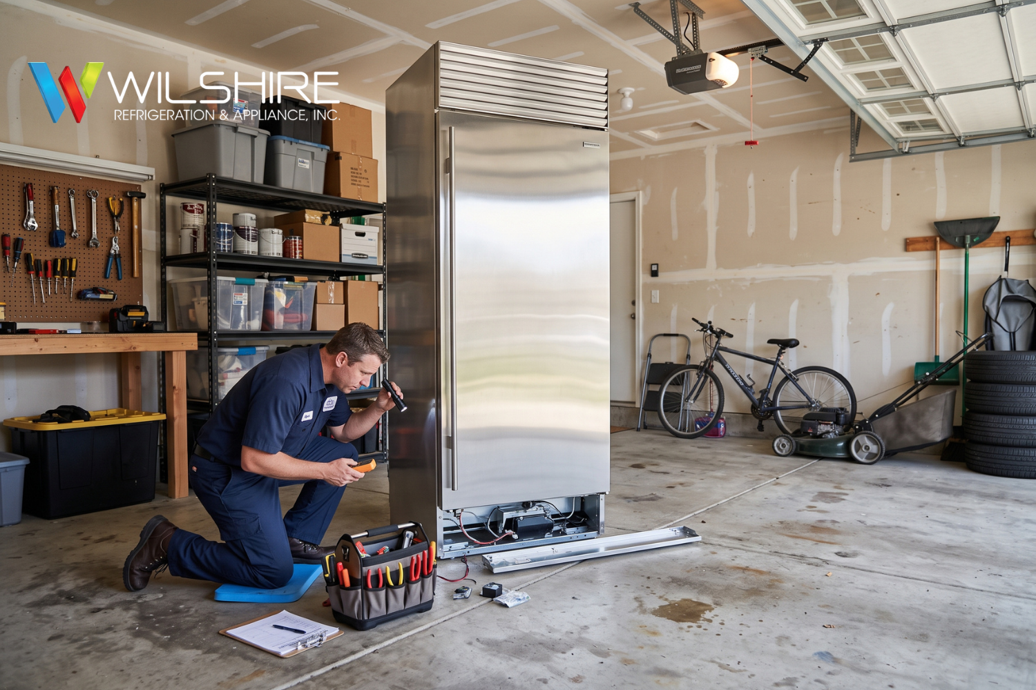 Technician repairing stainless steel refrigerator with tools