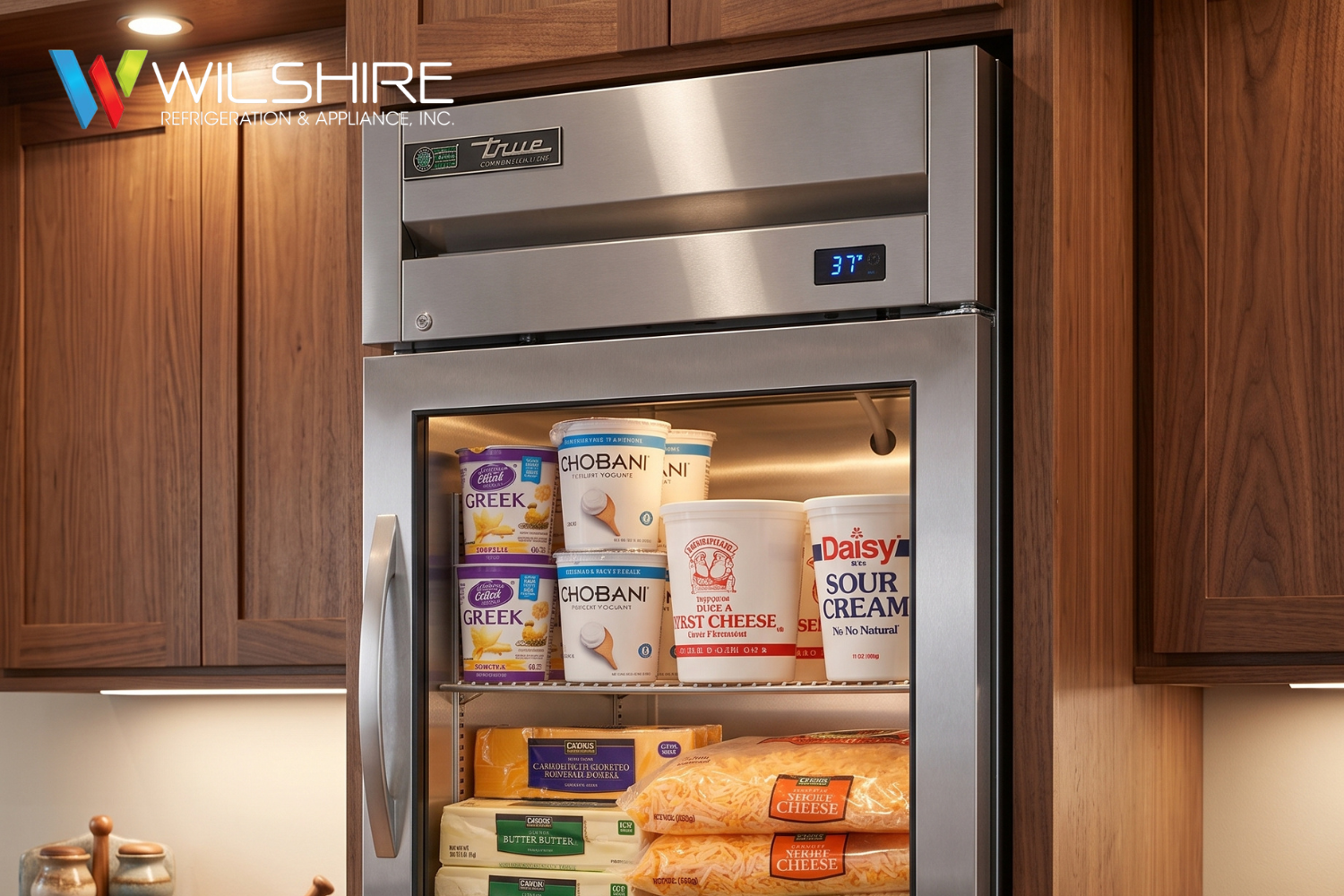 Built-in stainless steel True refrigerator with the door open, showing cartons and containers of dairy products on the shelves and a digital temperature display reading 37°F.