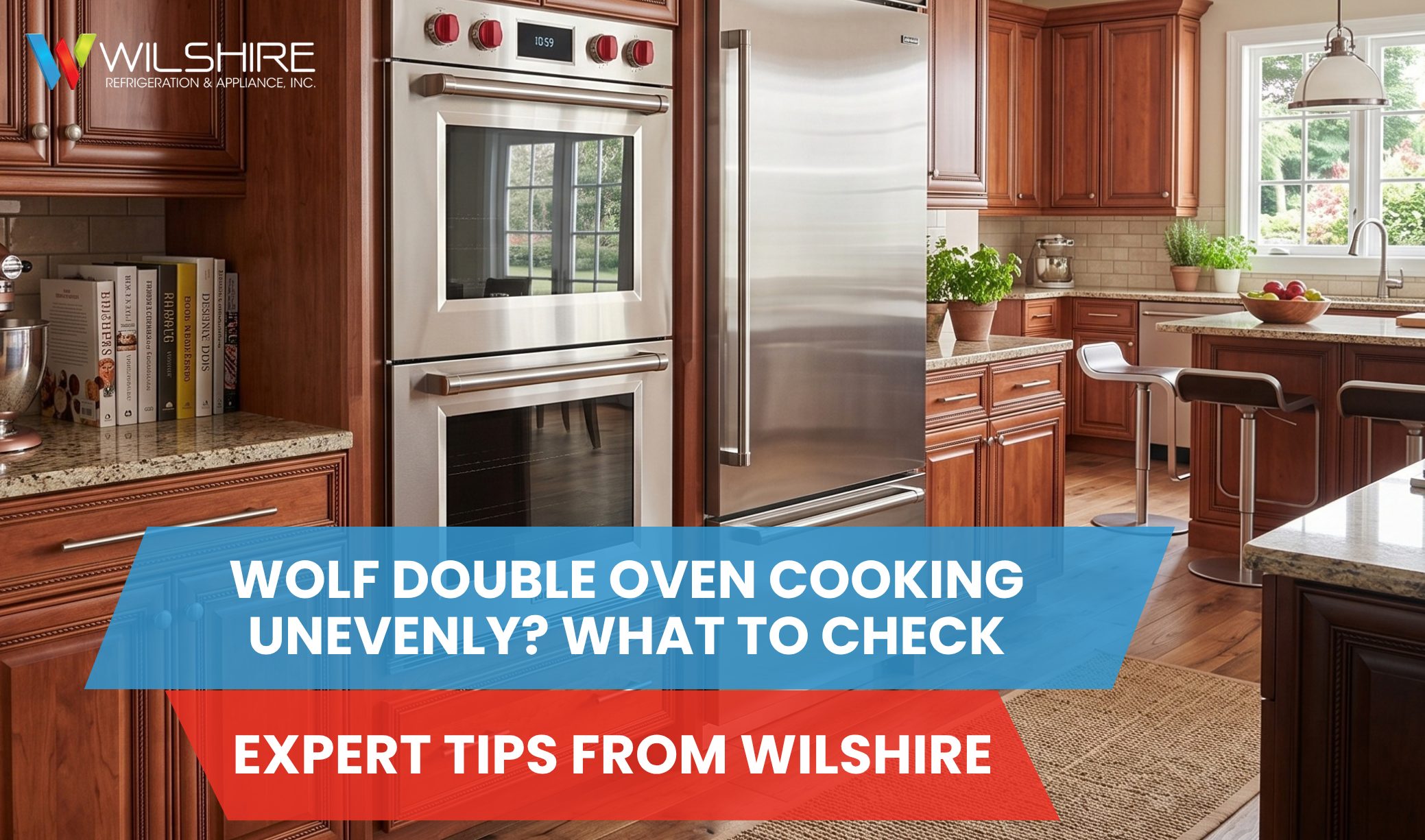 Modern kitchen with Wolf double oven and stainless refrigerator