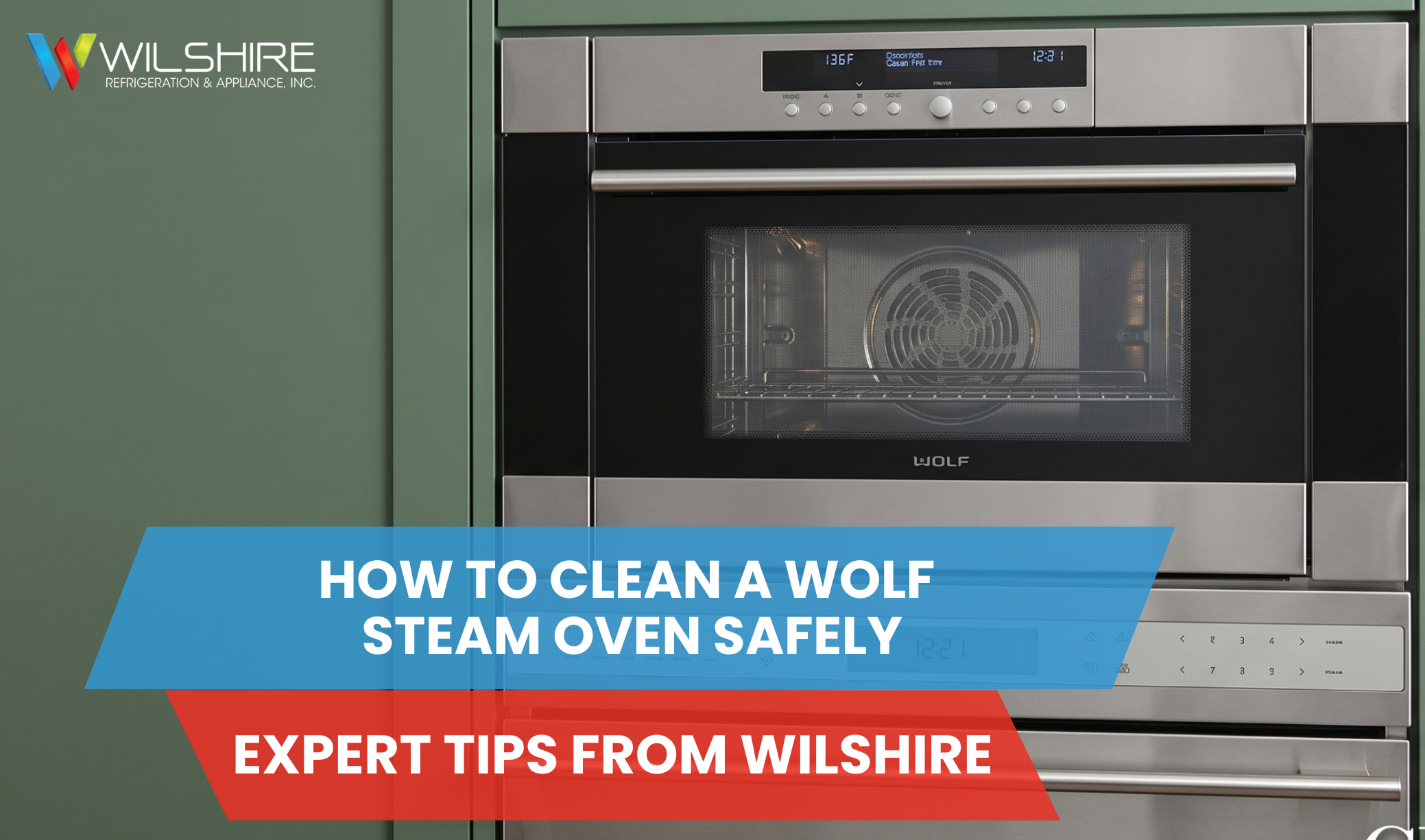 Stainless steel steam oven with digital display in green cabinetry