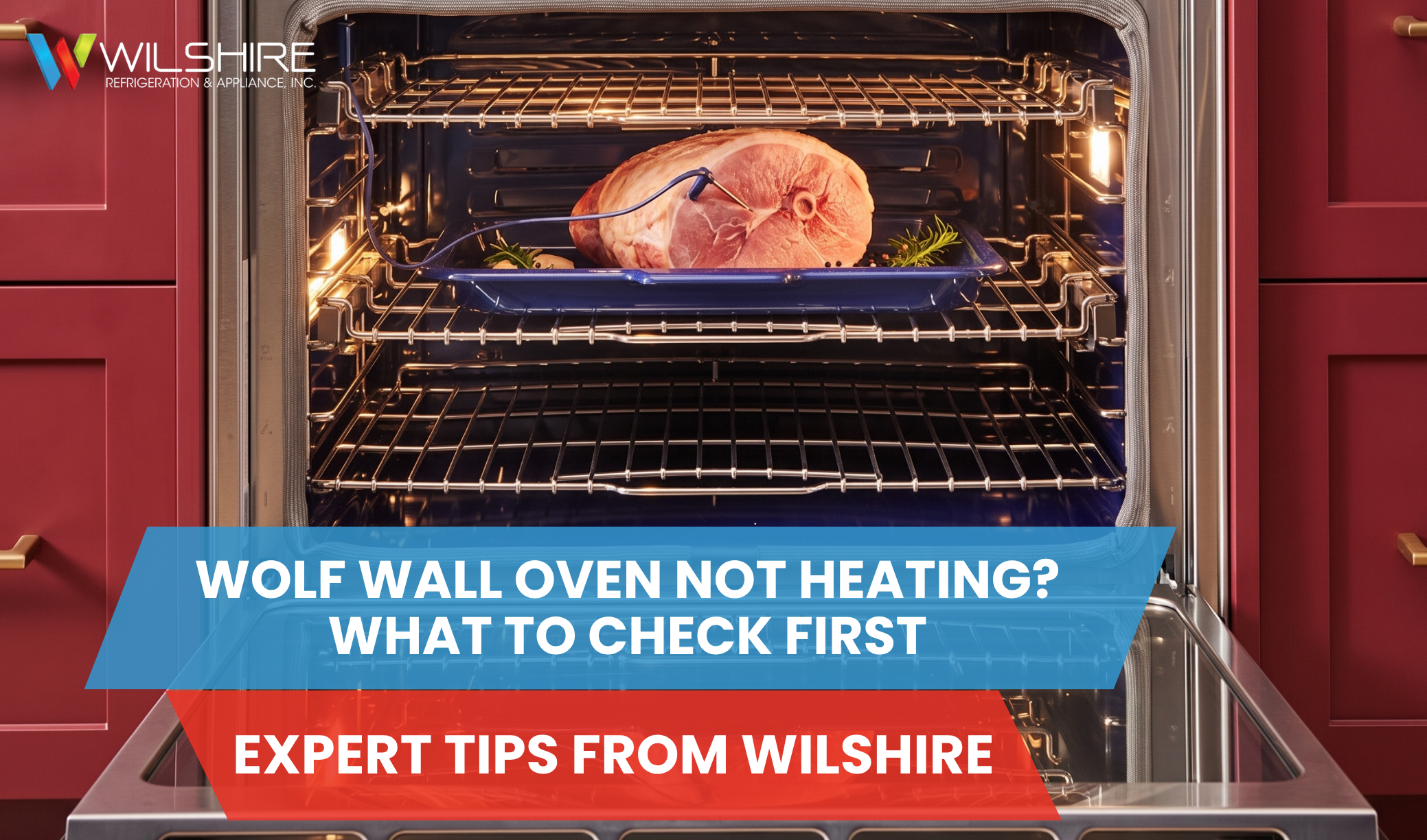 Meat roasting in blue pan inside illuminated wall oven