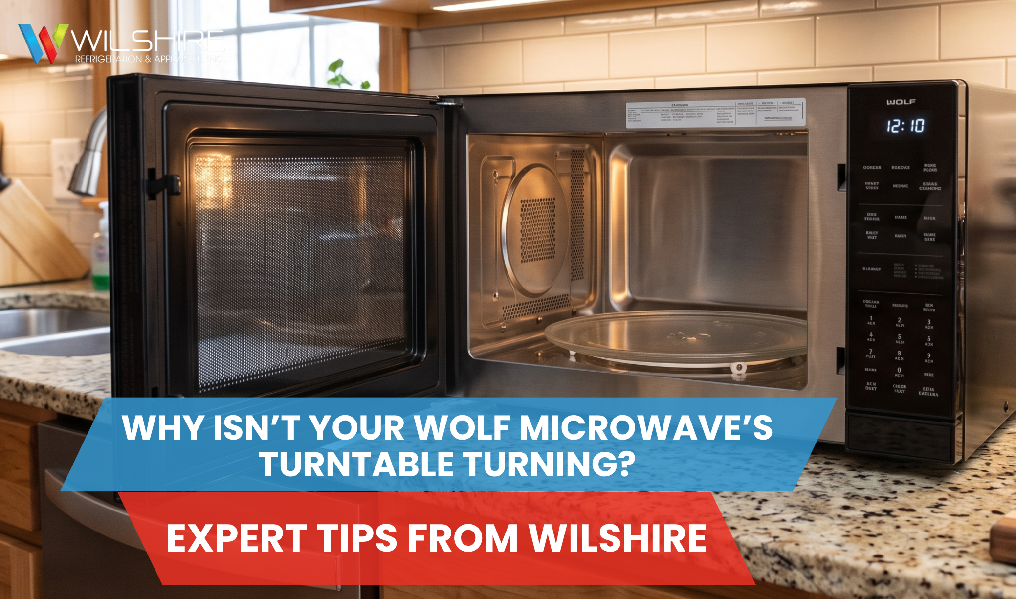 Wolf microwave oven with open door on granite countertop