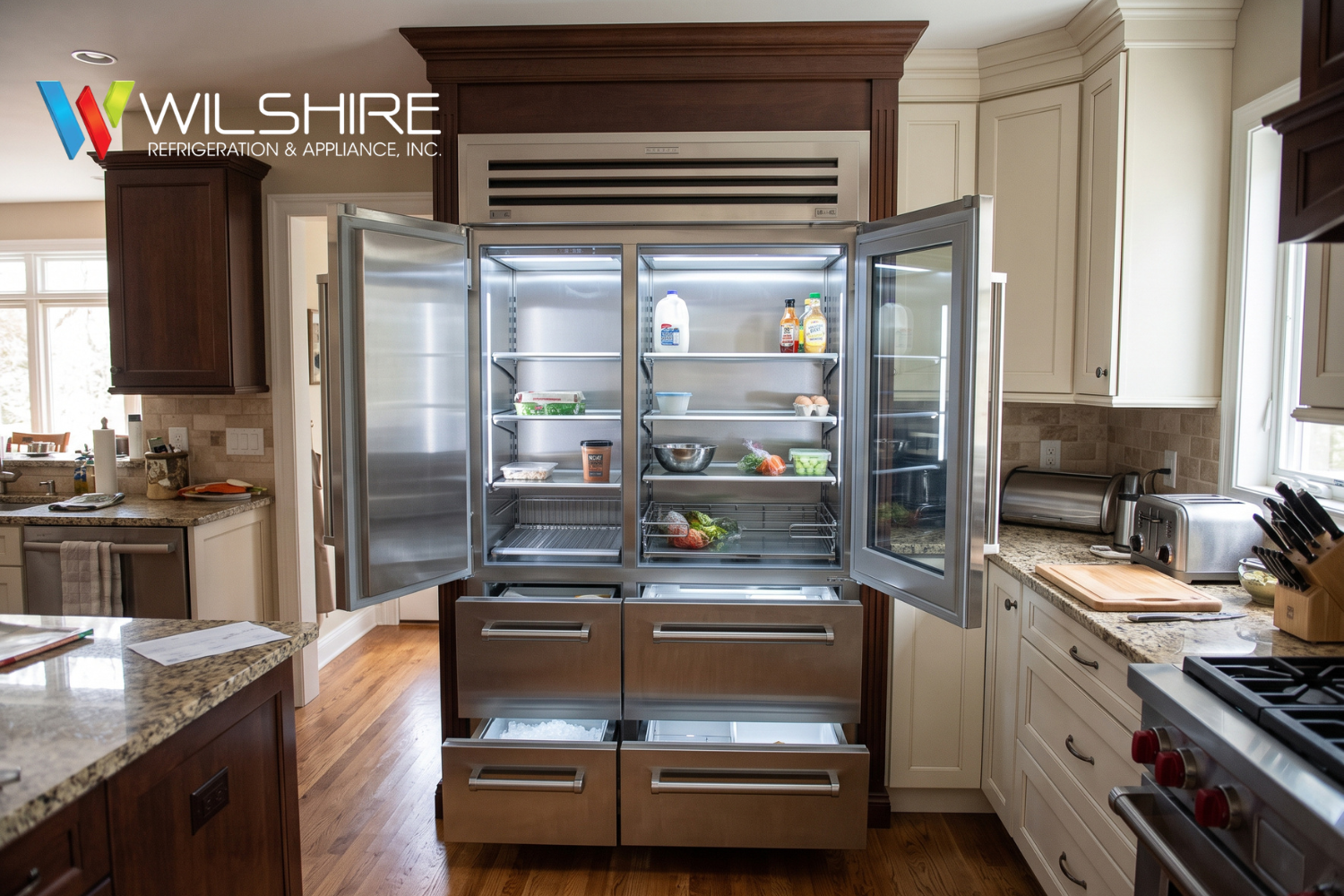Open Sub-Zero refrigerator with food items inside
